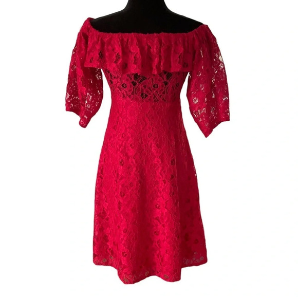 Zara Off Shoulder red lace midi dress size small - Picture 8 of 9